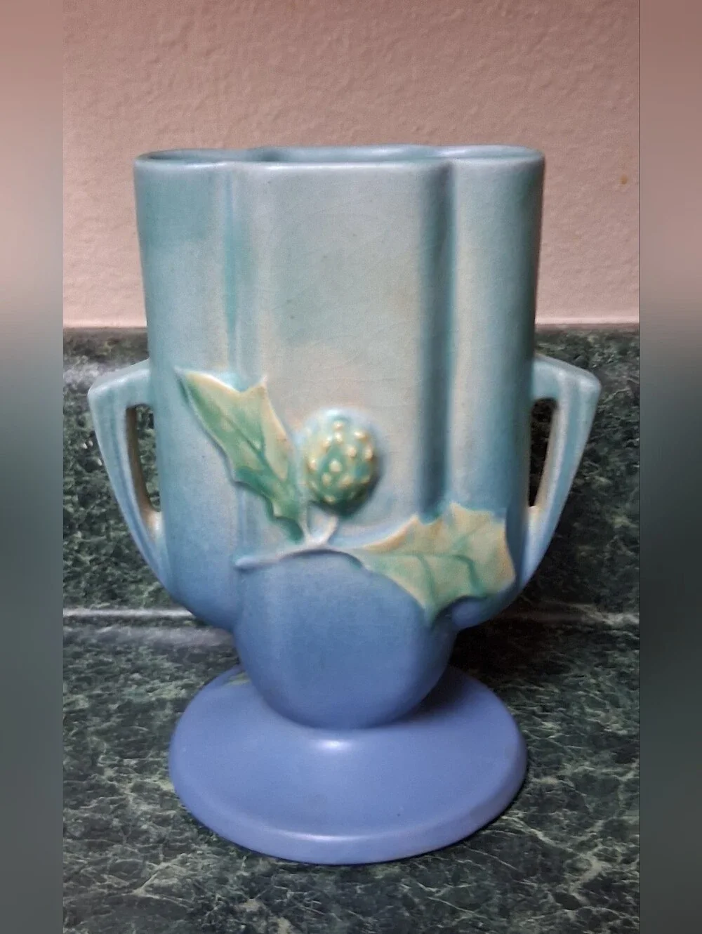 Vintage Roseville Pottery Blue Thornapple - 812 - Art Deco Vase 6.25